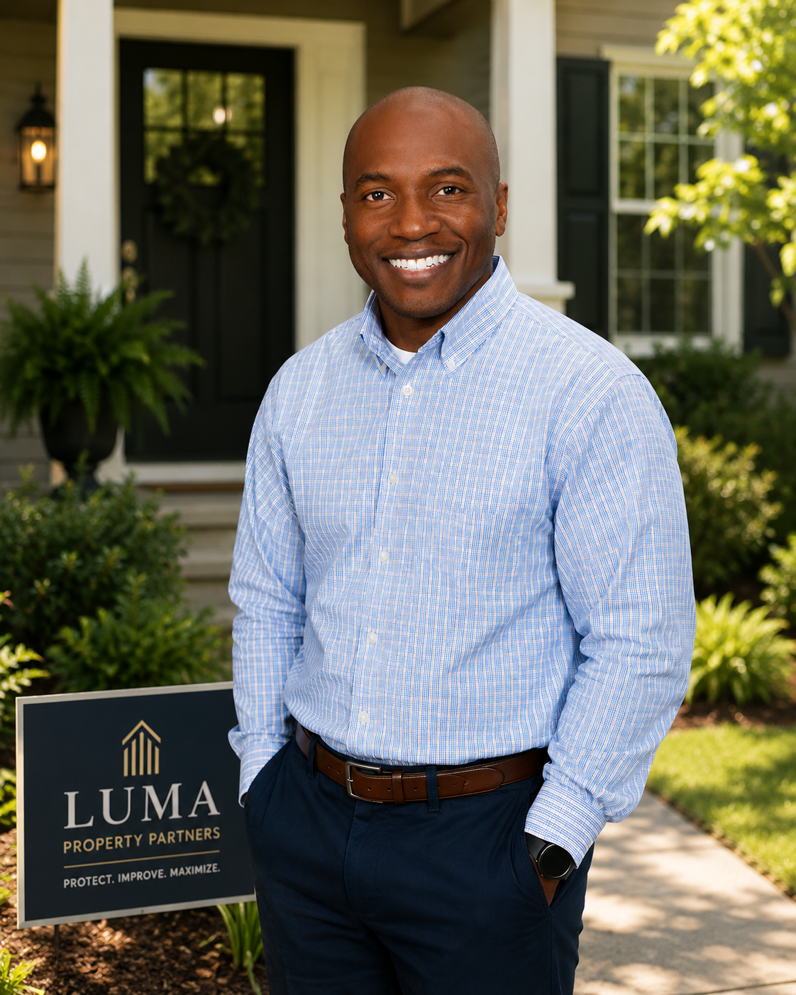 Barrett L. Hammons, Founder and Managing Partner of Luma Property Partners, standing in front of a well-maintained residential home in Northeast Ohio.